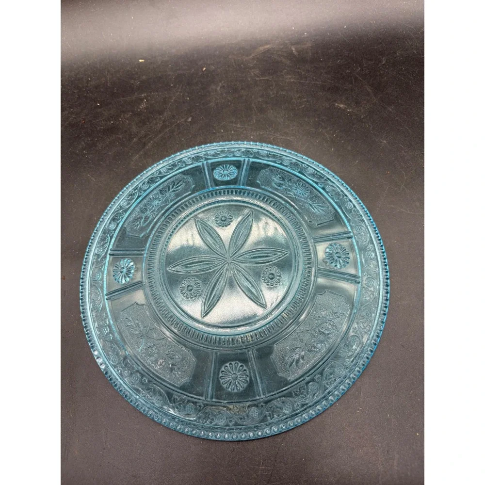 Vintage Blue Depression Glass Plate Floral Starburst Pattern 6 Inch Aqua Pressed